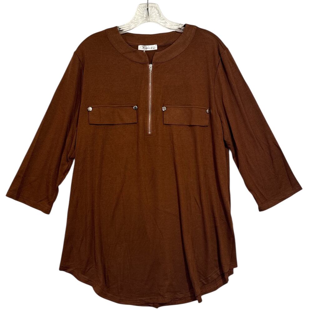 Brown Lightweight 1/4 Zip Knit Top Faux Pockets Women’s Size XL NEW